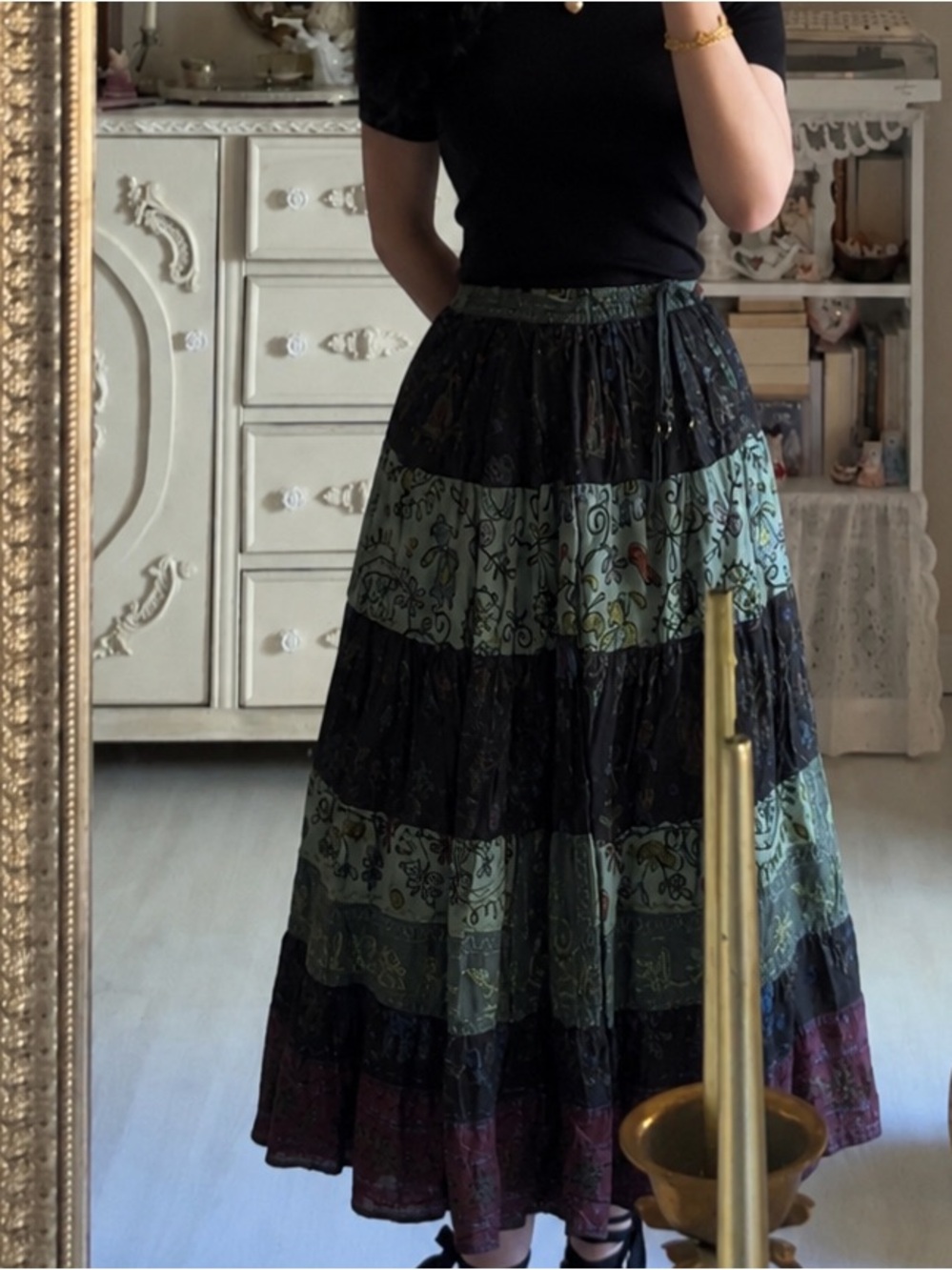 Bohemian Tiered Maxi Skirt in Teal and Black